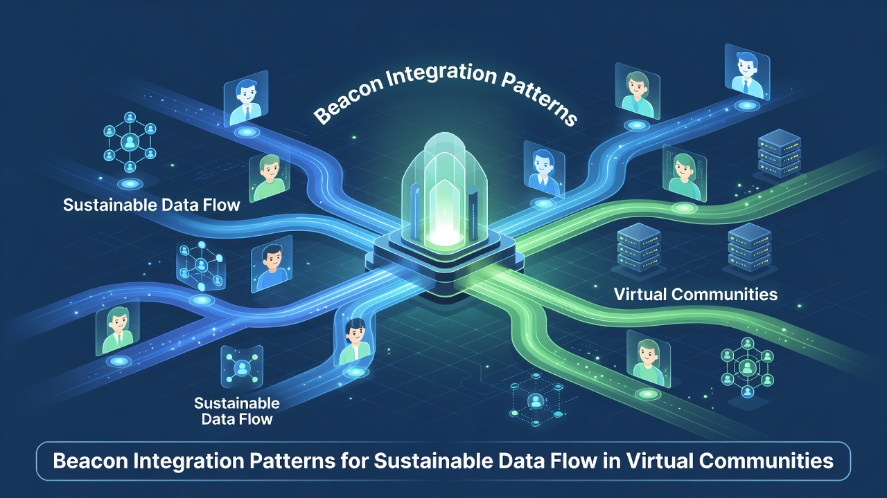 Network visualization of hybrid beacon integration across virtual community servers with highlighted sustainable flow paths